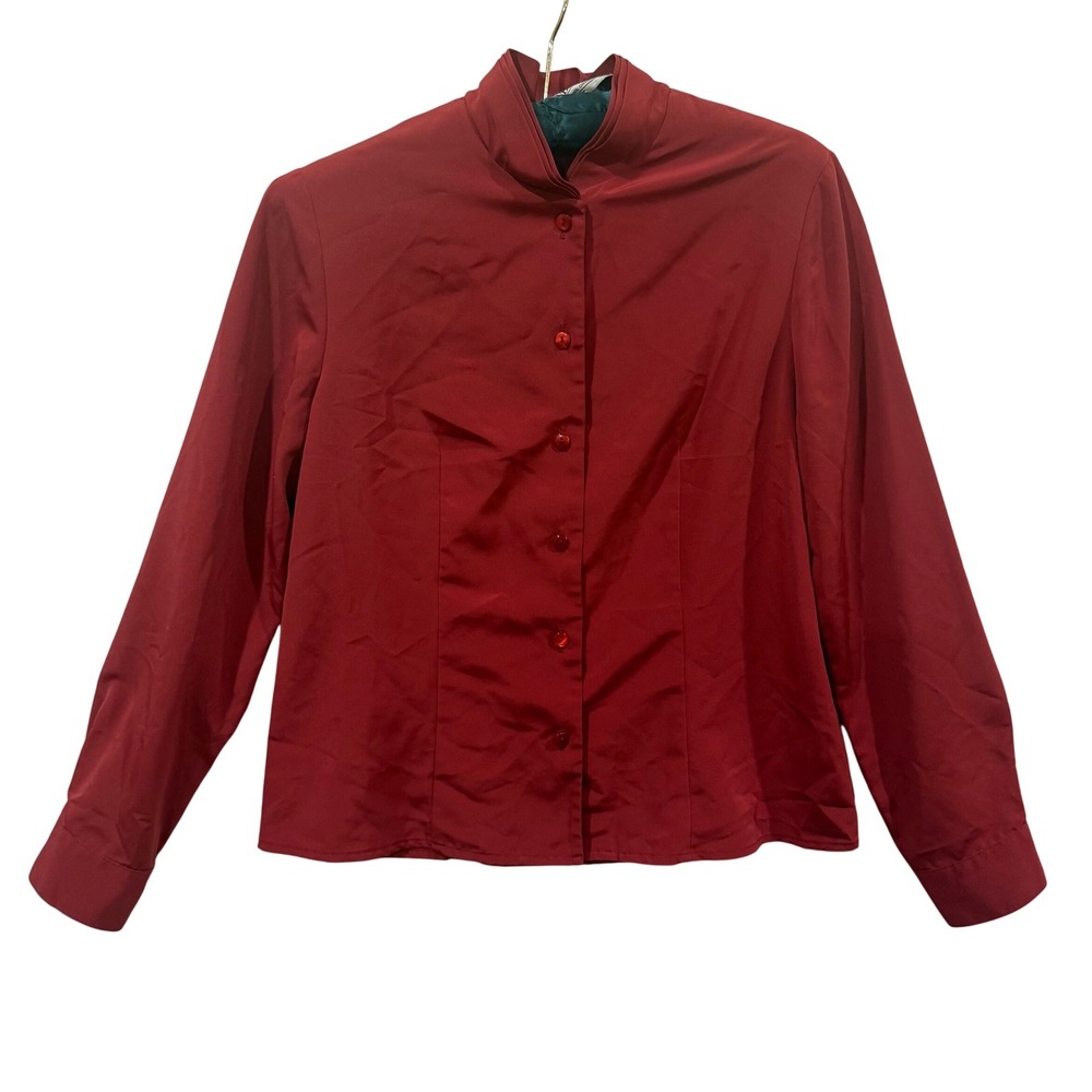 Pendleton Red Mock Neck Button Up Blouse Womens Petite 6 Long Sleeve PL014-65534